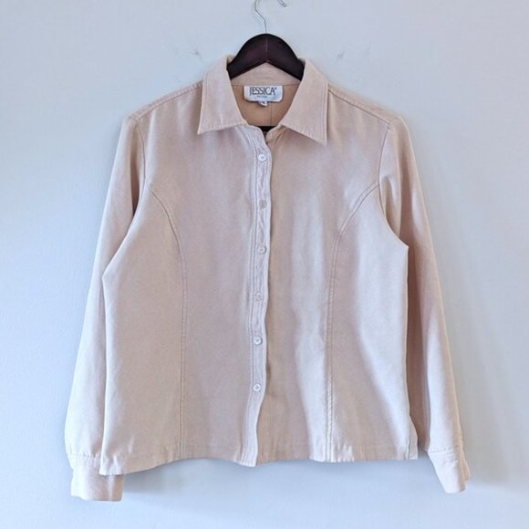 VINTAGE 90s Boxy Faux Suede Blouse Western Retro Neutral Button Up Shirt - Picture 11 of 11